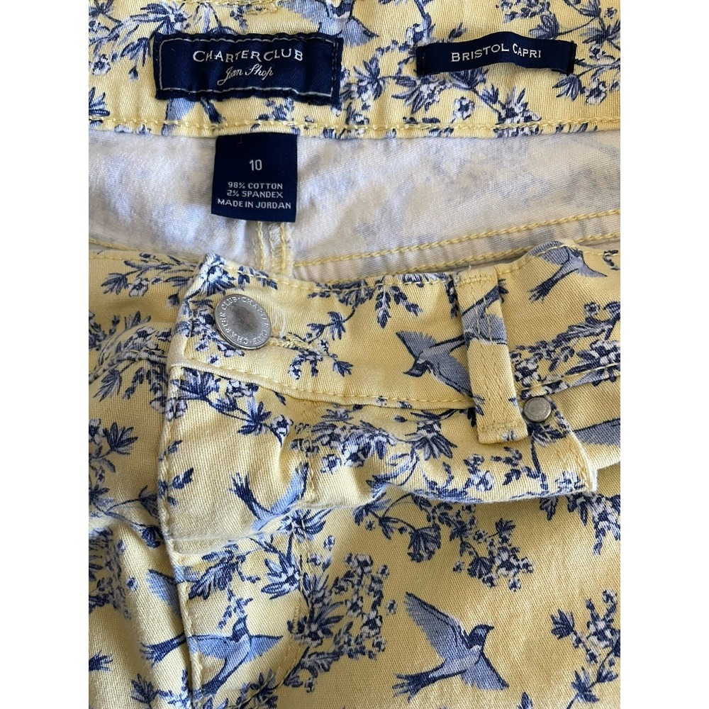 Charter Club Bristol Capri Pants Size 10 Yellow Blue Bird Floral Stretch Cotton
